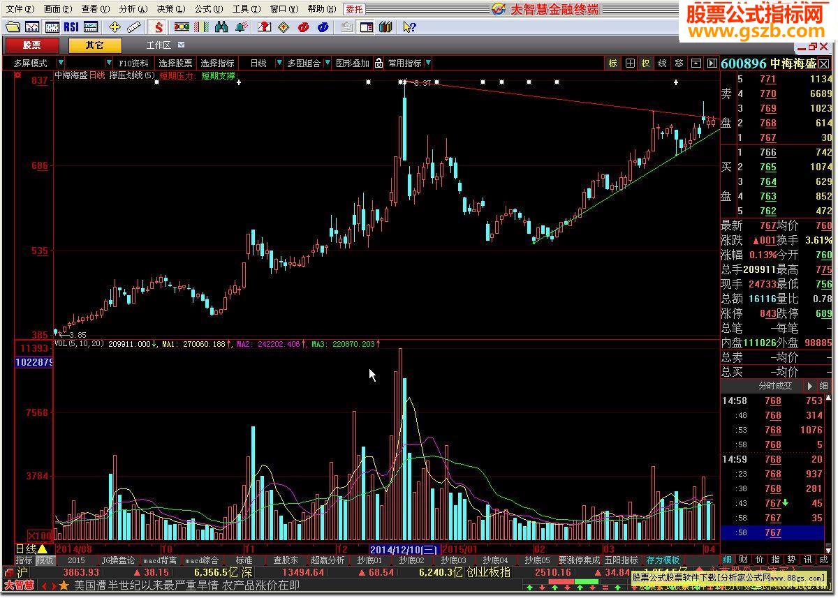 正版大智慧特色指标撑压划线